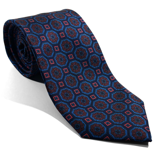 Hand-Printed Navy Blue Geometric Silk Tie