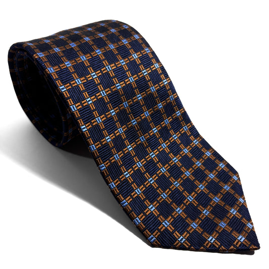 Navy Blue & Copper Checked Jacquard Silk Tie