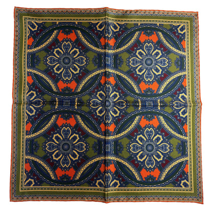 Olive Green & Orange Large Medallion Silk Pocket Square