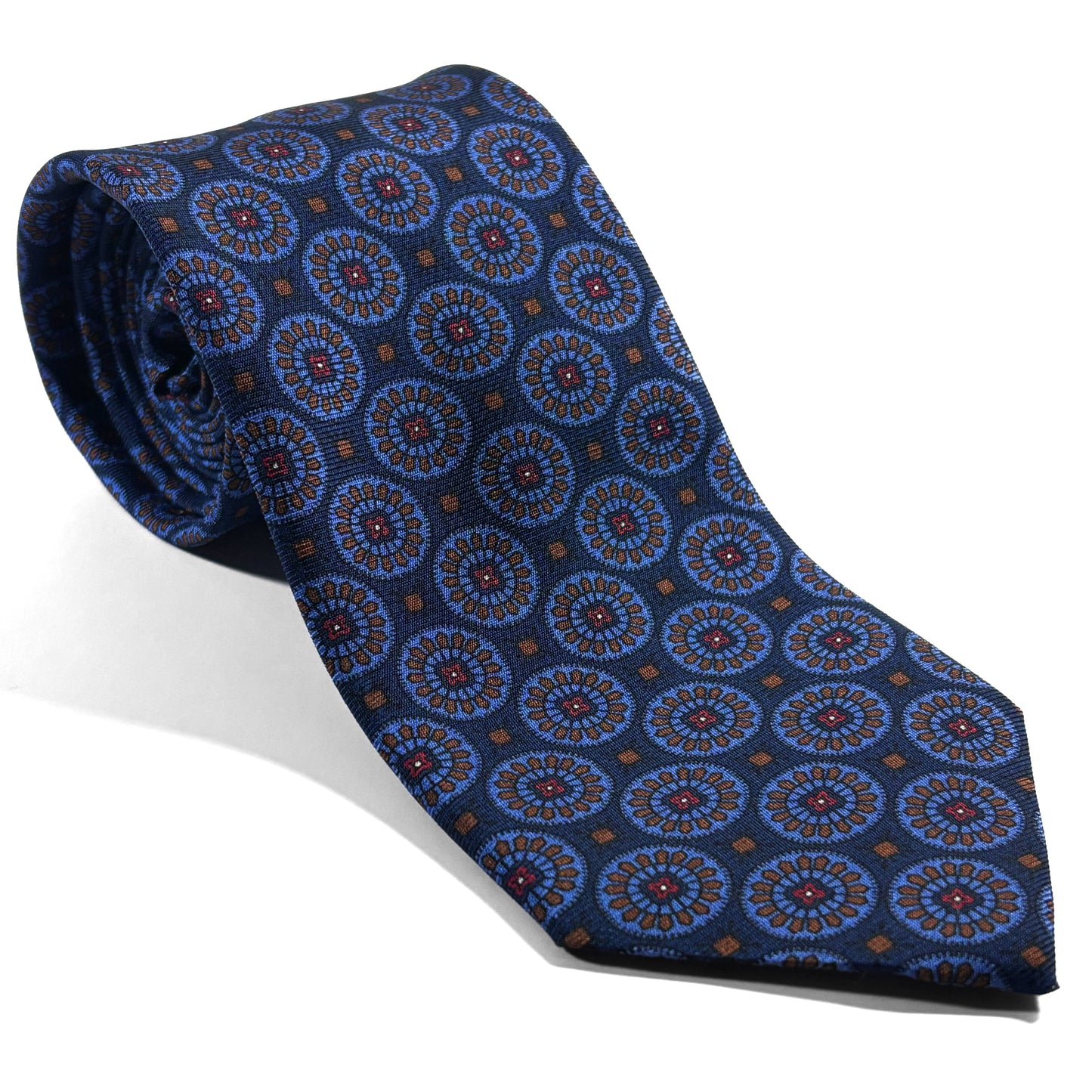 Navy Blue & Brown Geometric Ancient Madder Silk Tie