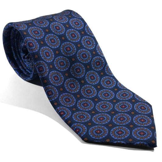 Navy Blue & Brown Geometric Ancient Madder Silk Tie