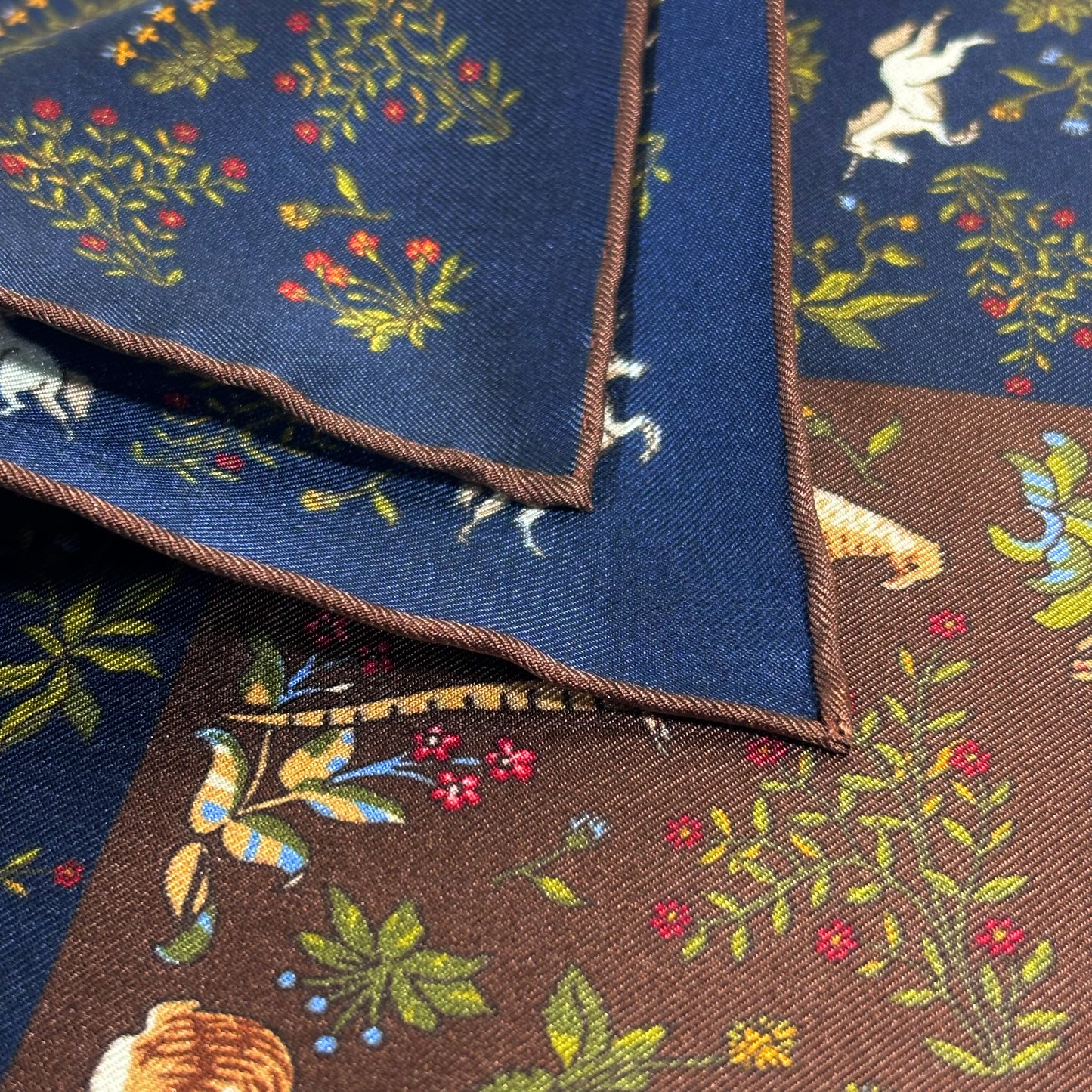 Navy Blue & Brown Unicorn Motif Ancient Madder Silk Pocket Square