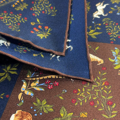 Navy Blue & Brown Unicorn Motif Ancient Madder Silk Pocket Square