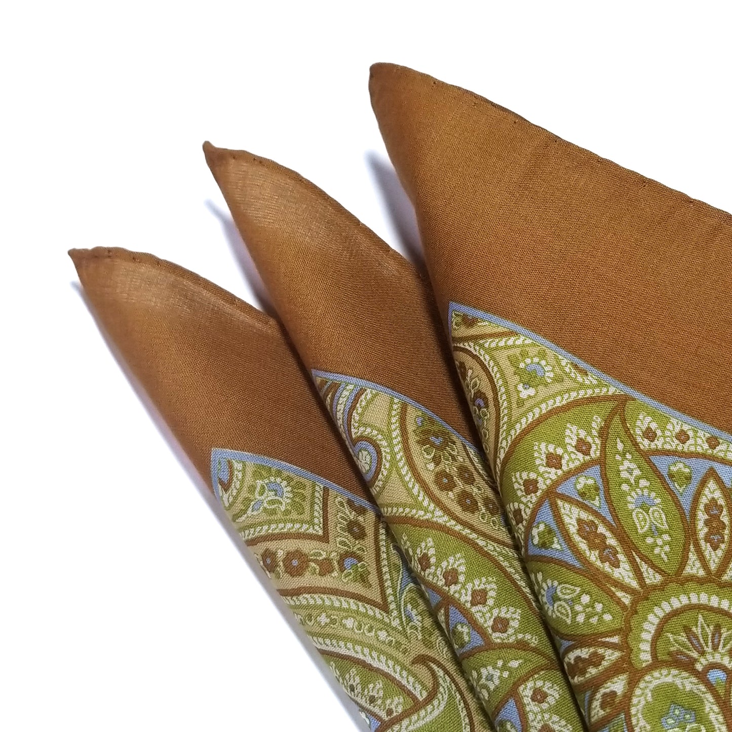 15.5" Hand-Printed Brown Paisley Cotton Pocket Square