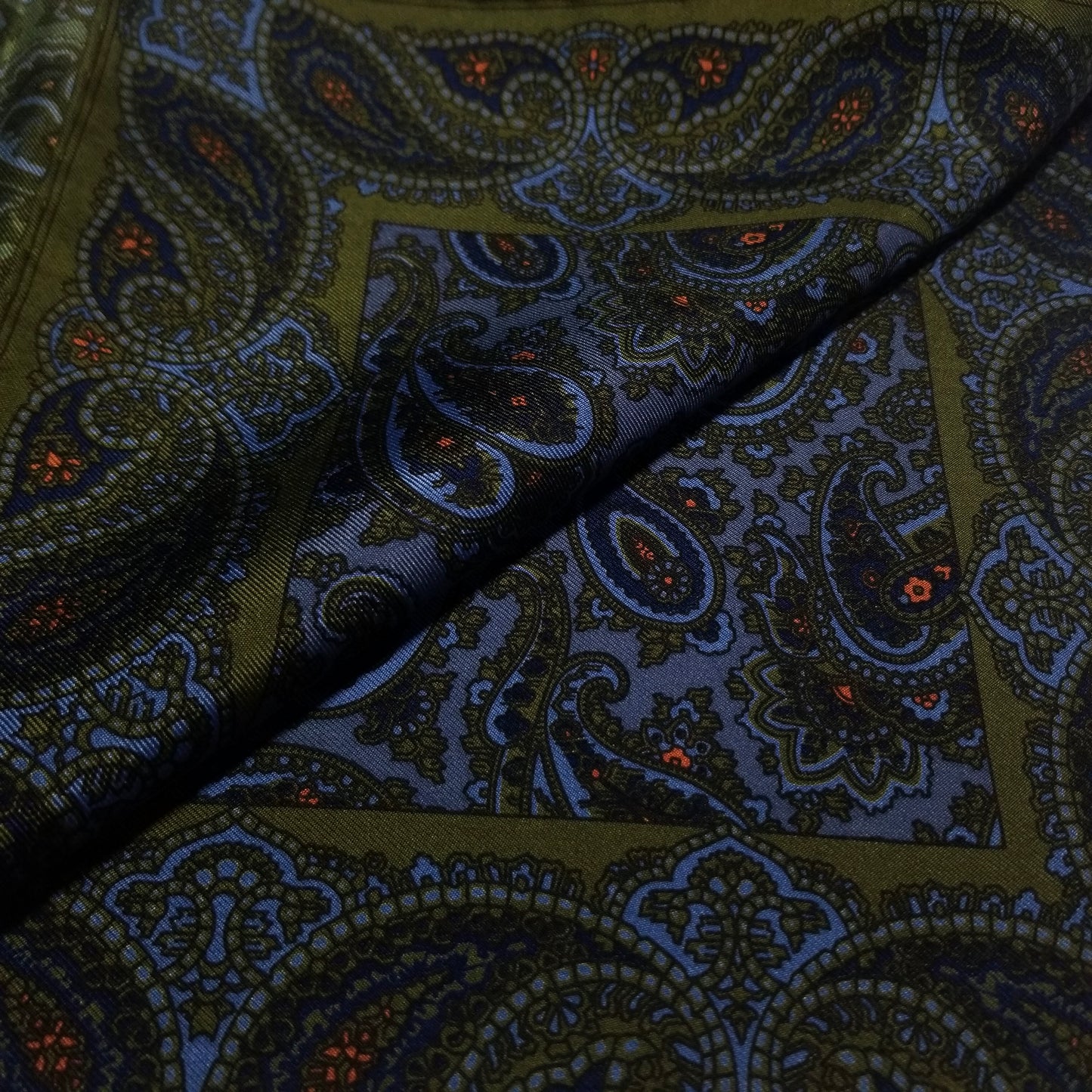 Screen-Printed Olive Green & Blue Paisley Ancient Madder Silk Pocket Square