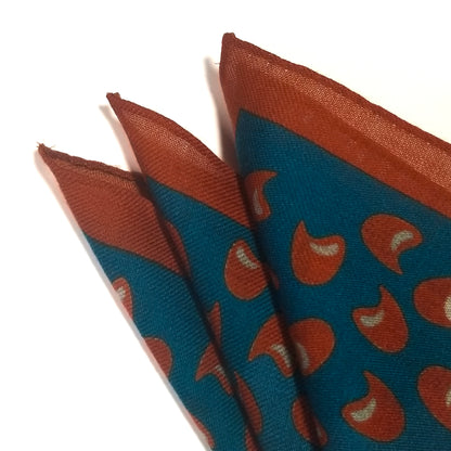 12" Teal / Orange Geometric Wool Challis Pocket Square