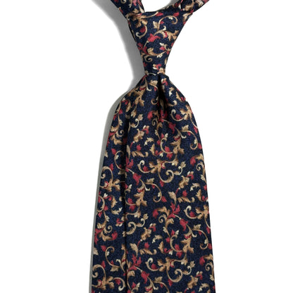 Navy Blue Floral Motif Printed Panama Silk Tie