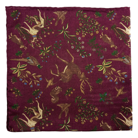 Terra - Floral Animal Motif - Burgundy - Wool/Silk Pocket Square