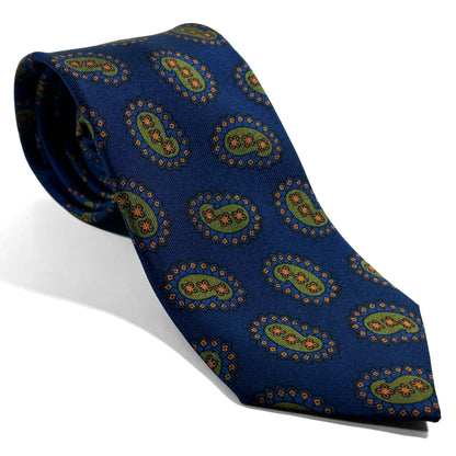 Navy Blue & Olive Paisley Printed 36oz Silk Twill Tie