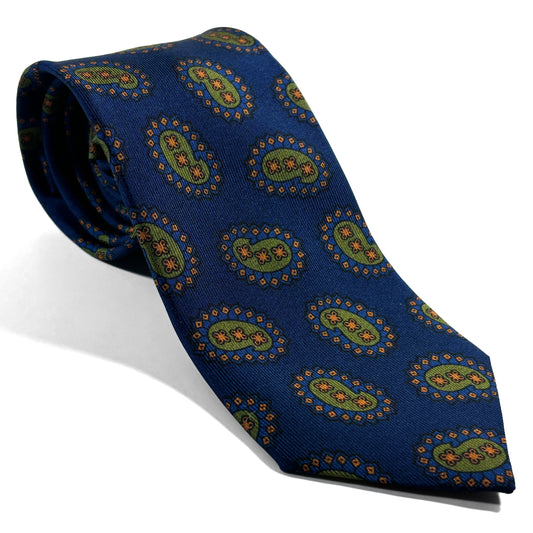 Navy Blue & Olive Paisley Printed 36oz Silk Twill Tie