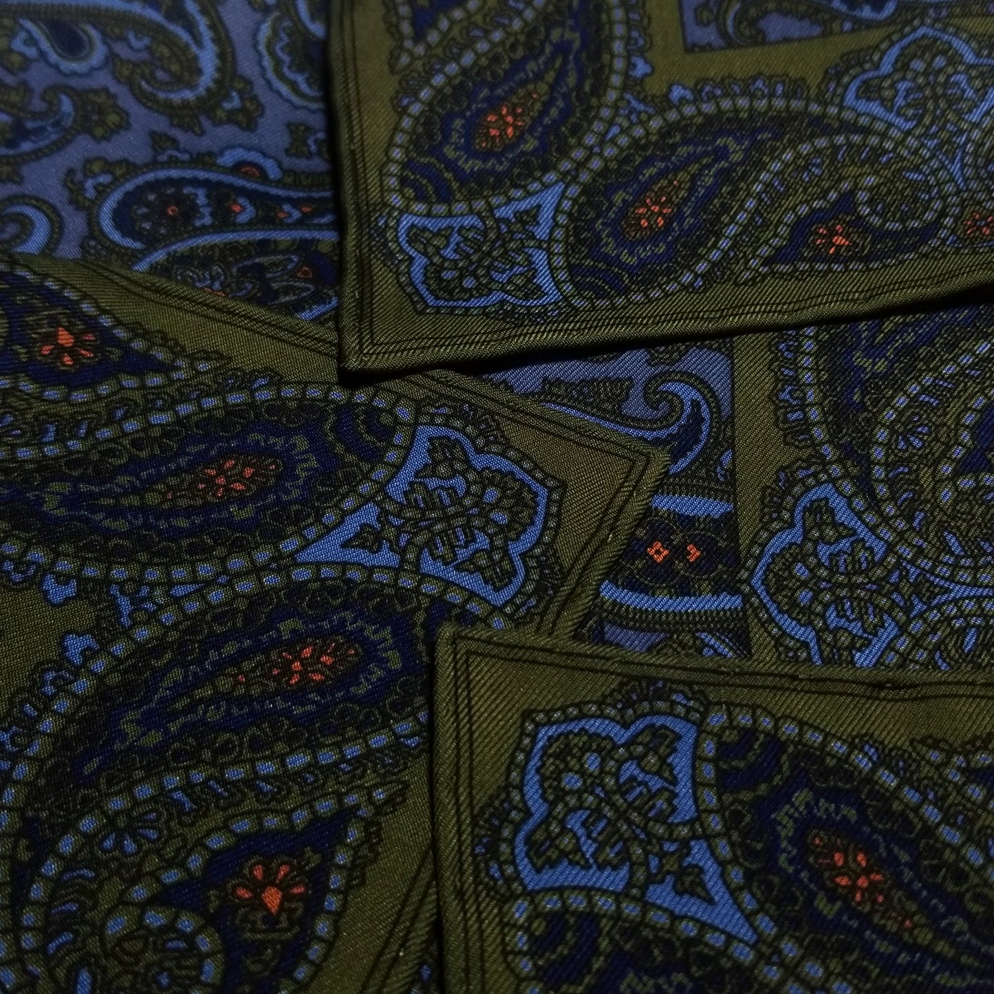 Screen-Printed Olive Green & Blue Paisley Ancient Madder Silk Pocket Square