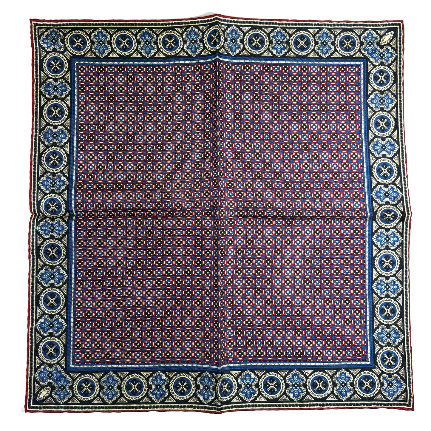 Navy Blue & Cream Small Geometric Ancient Madder Silk Pocket Square