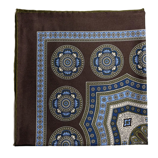 Brown & Green Medallion Silk Pocket Square