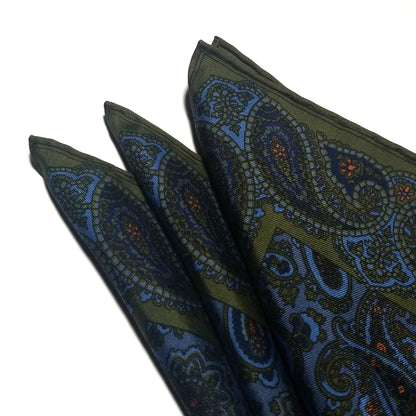 Screen-Printed Olive Green & Blue Paisley Ancient Madder Silk Pocket Square