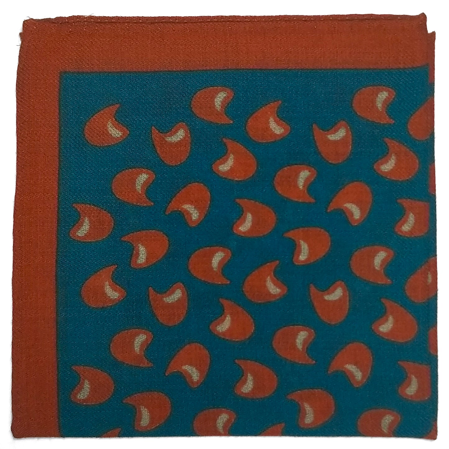 12" Teal / Orange Geometric Wool Challis Pocket Square