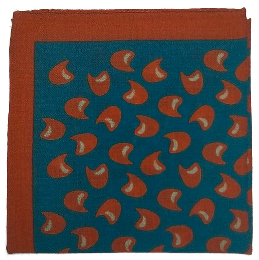 12" Teal / Orange Geometric Wool Challis Pocket Square