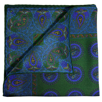 Forest Green & Blue Geometric Ancient Madder Silk Pocket Square