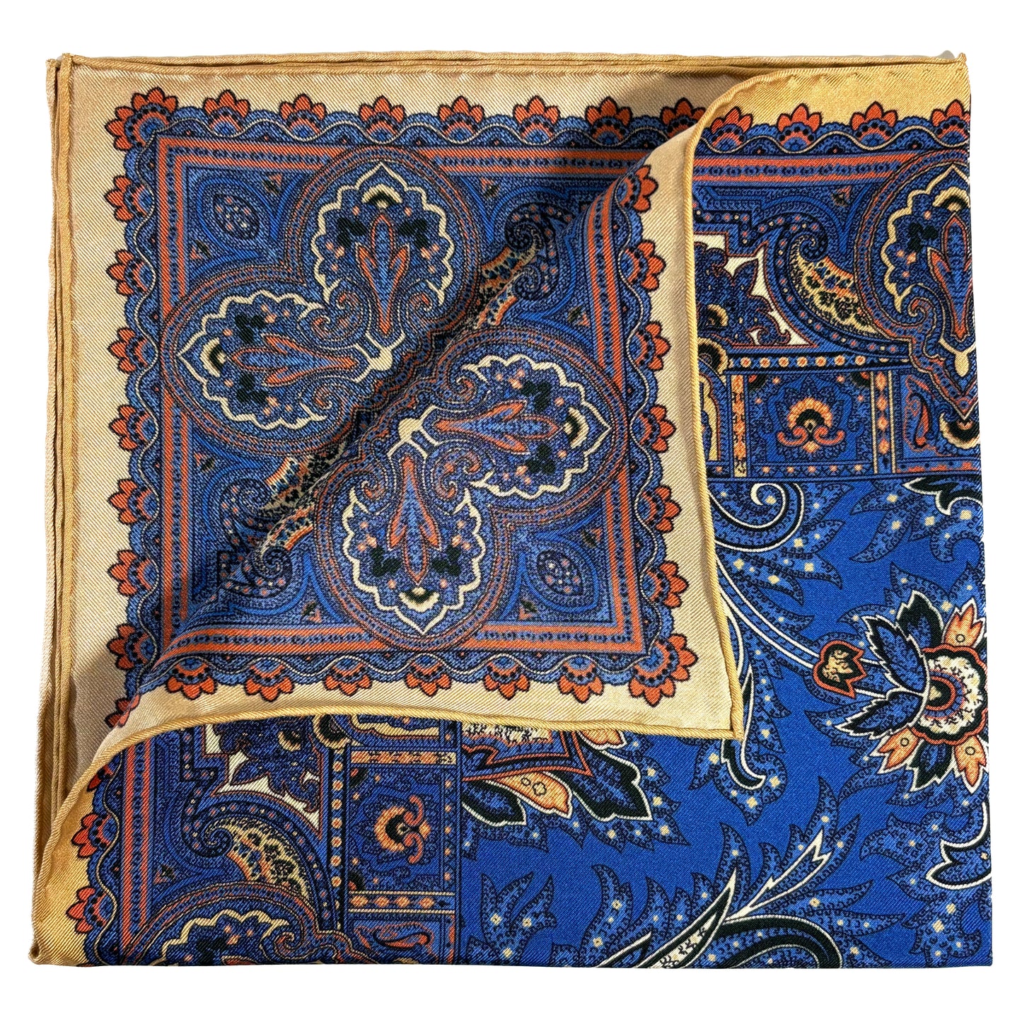 Egyptian Blue & Cream Floral Motif Ancient Madder Silk Pocket Square