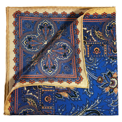 Egyptian Blue & Cream Floral Motif Ancient Madder Silk Pocket Square
