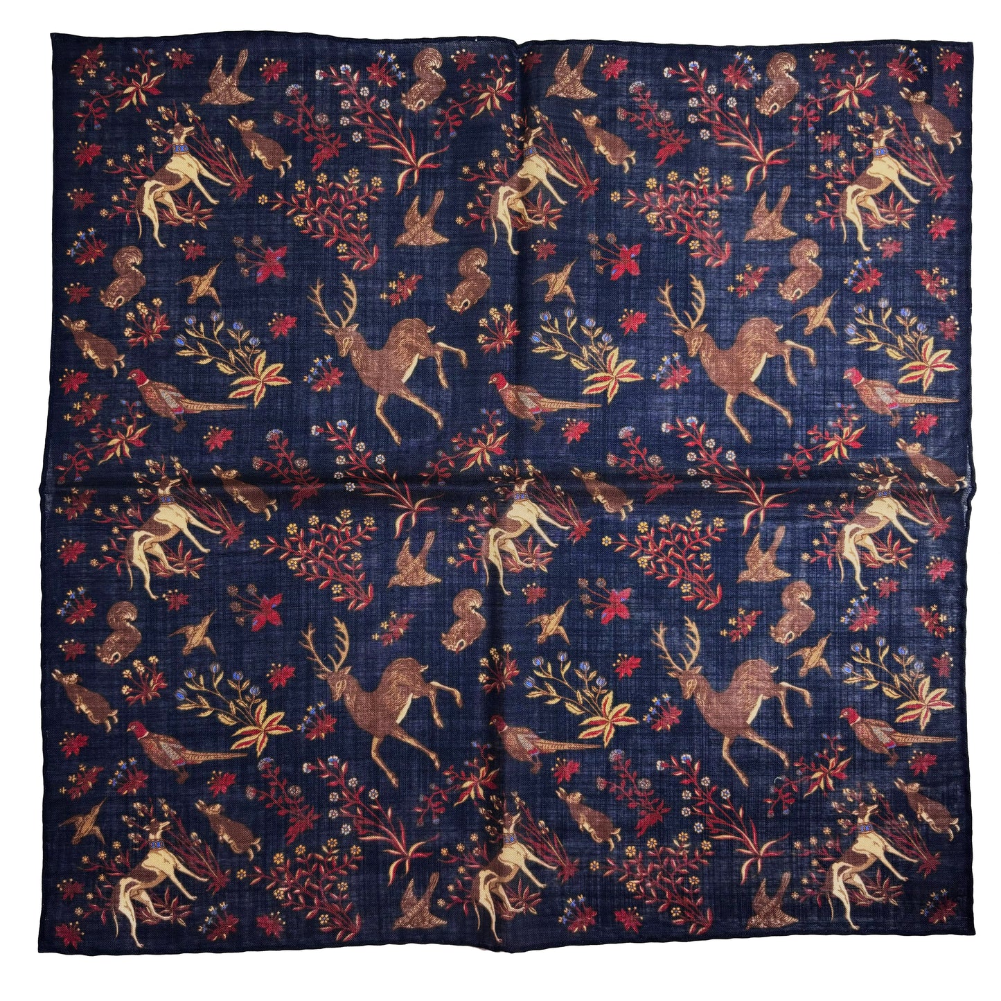 Terra - Floral Animal Motif - Navy Blue - Wool/Silk Pocket Square