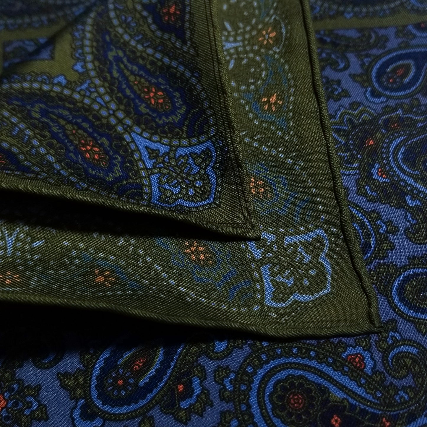 Screen-Printed Olive Green & Blue Paisley Ancient Madder Silk Pocket Square