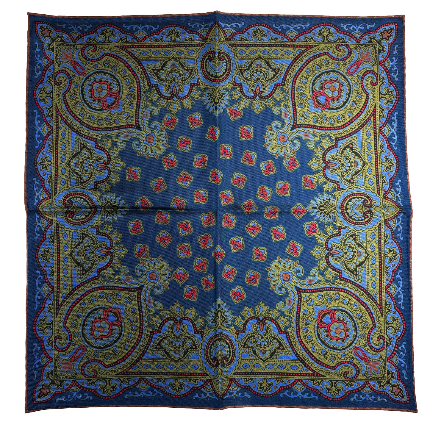 Navy Blue & Olive Green Medallion Ancient Madder Silk Pocket Square