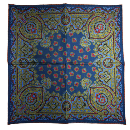 Navy Blue & Olive Green Medallion Ancient Madder Silk Pocket Square