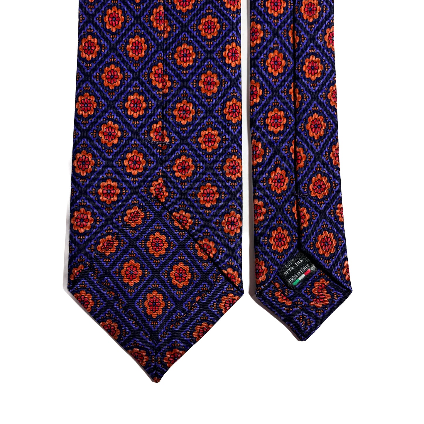 Hand-Printed Navy Blue & Gold Geometric Floral Ancient Madder Silk Tie