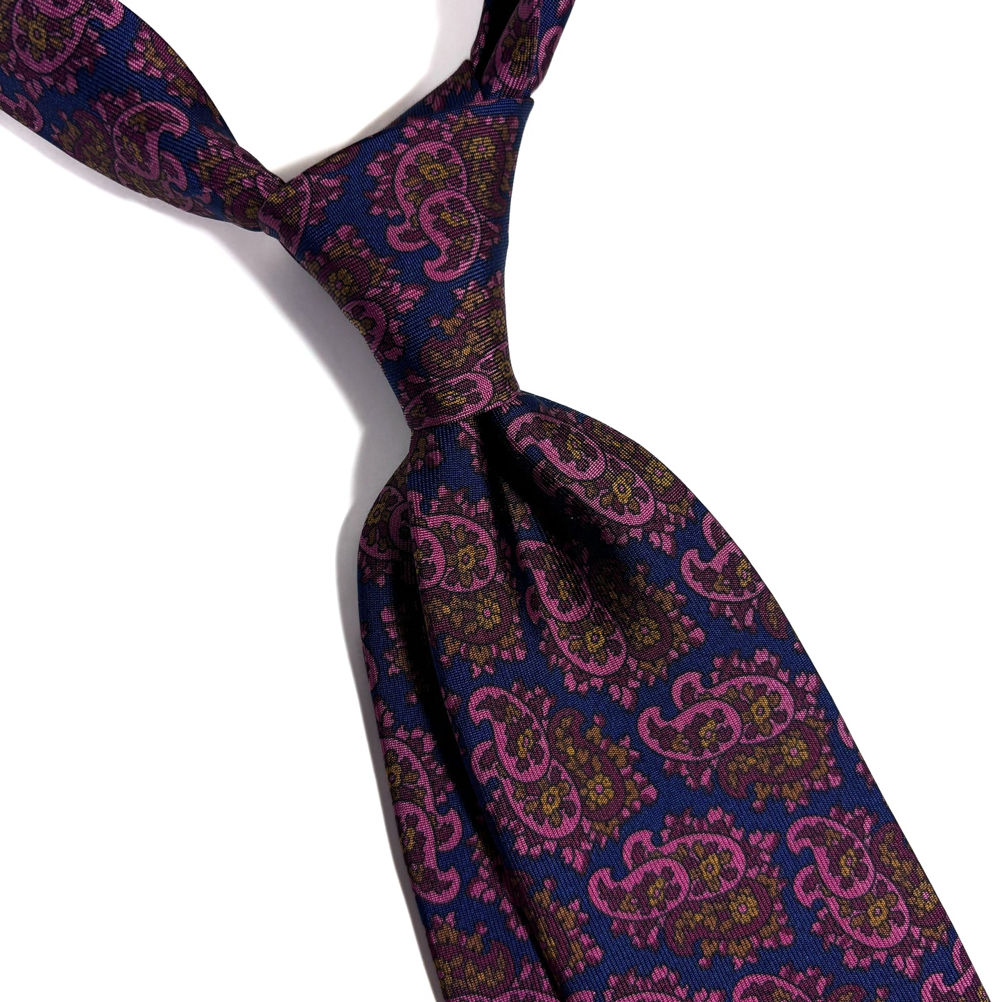 Hand-Printed Navy Blue & Pink Paisley Ancient Madder Silk Tie