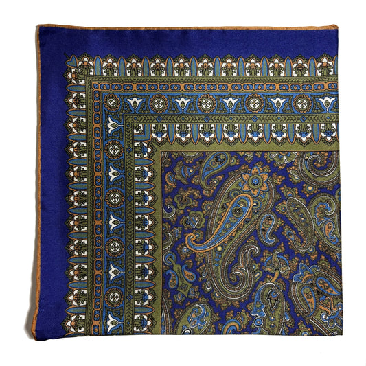 Navy Blue & Green Paisley Silk Pocket Square