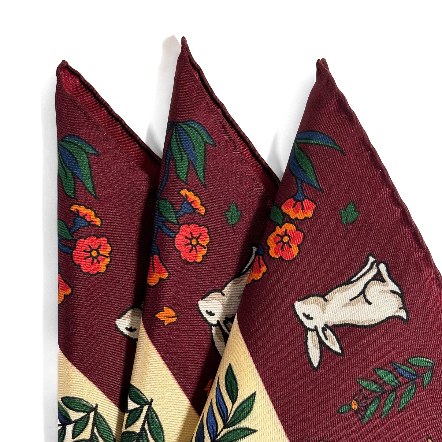 Ivory & Burgundy Gazelle Motif Ancient Madder Silk Pocket Square