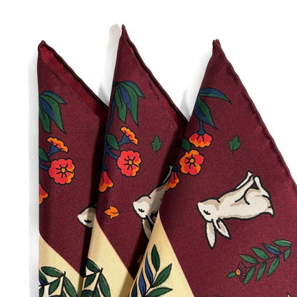 Ivory & Burgundy Gazelle Motif Ancient Madder Silk Pocket Square