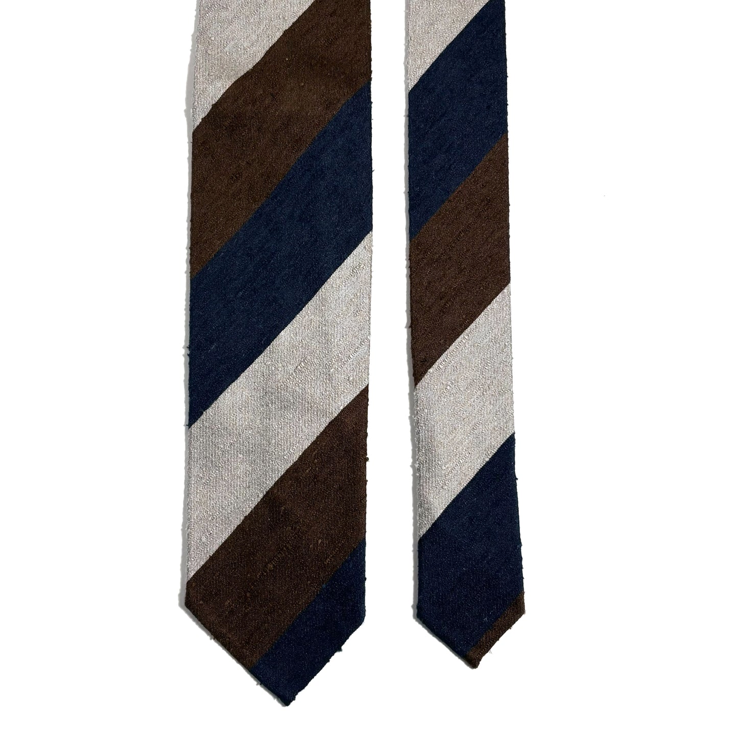 Navy Blue / Silver / Brown Block Stripe Untipped Silk Shantung Tie