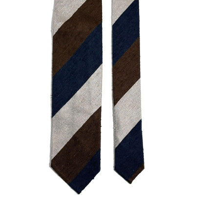 Navy Blue / Silver / Brown Block Stripe Untipped Silk Shantung Tie