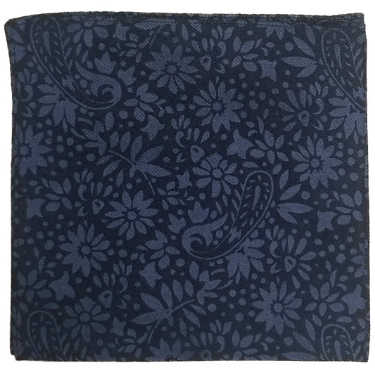 12" Navy Blue Floral Wool Challis Pocket Square