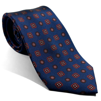 Seven Fold Navy Blue & Red Geometric Printed Silk Tie