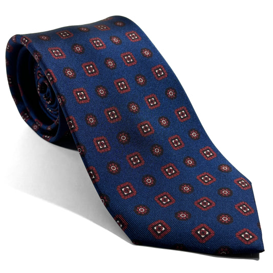 Seven Fold Navy Blue & Red Geometric Printed Silk Tie