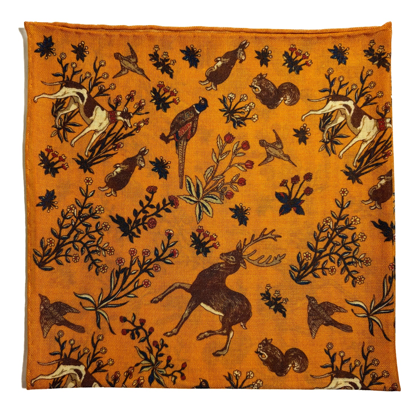 Terra - Floral Animal Motif - Mustard Yellow - Wool/Silk Pocket Square