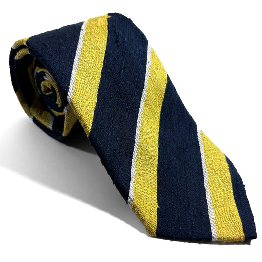Navy Blue & Lemon Yellow Striped Silk Shantung Tie