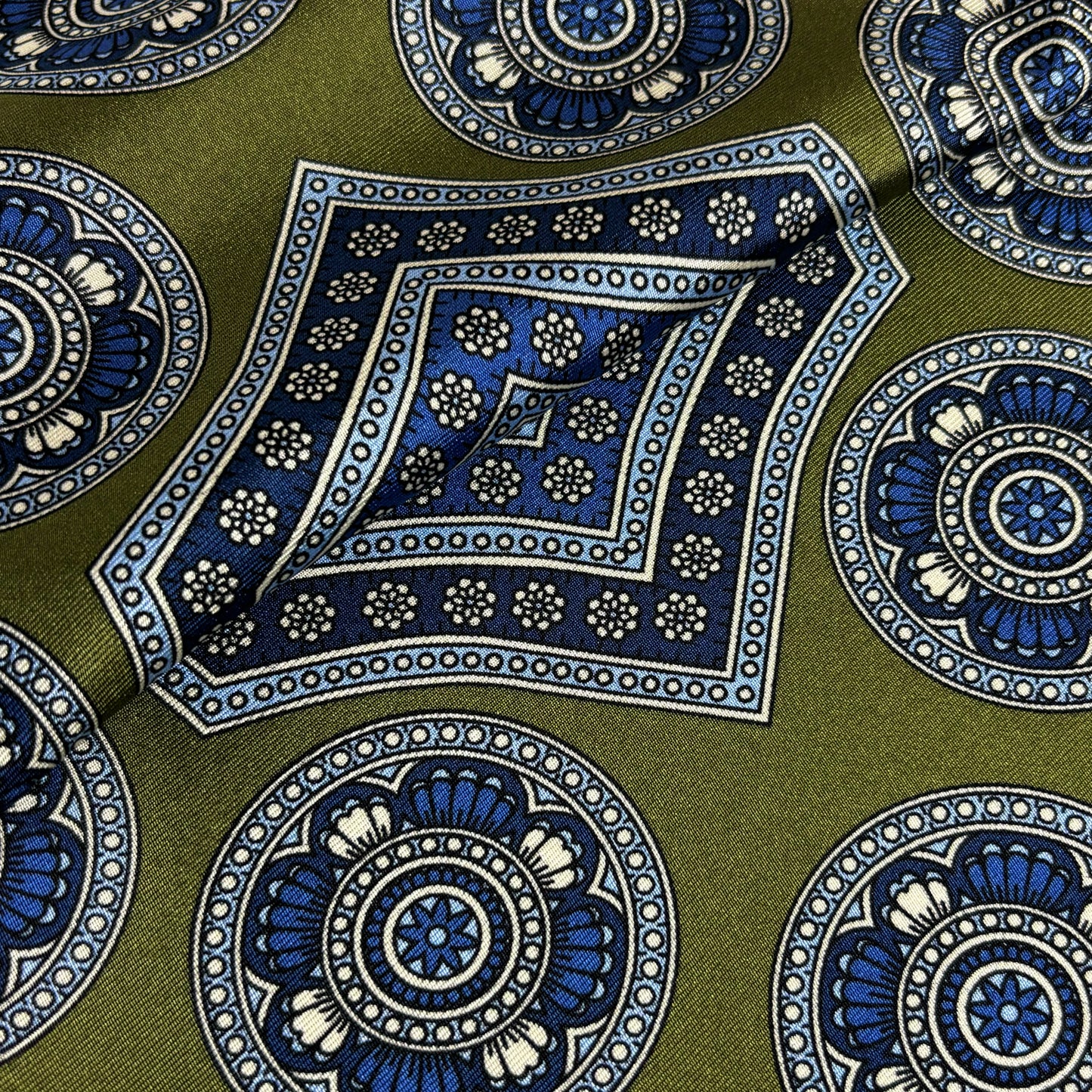 Leaf Green & Light Blue Medallion Silk Pocket Square