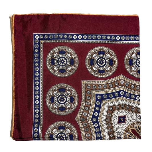 Burgundy & Buff Medallion Silk Pocket Square