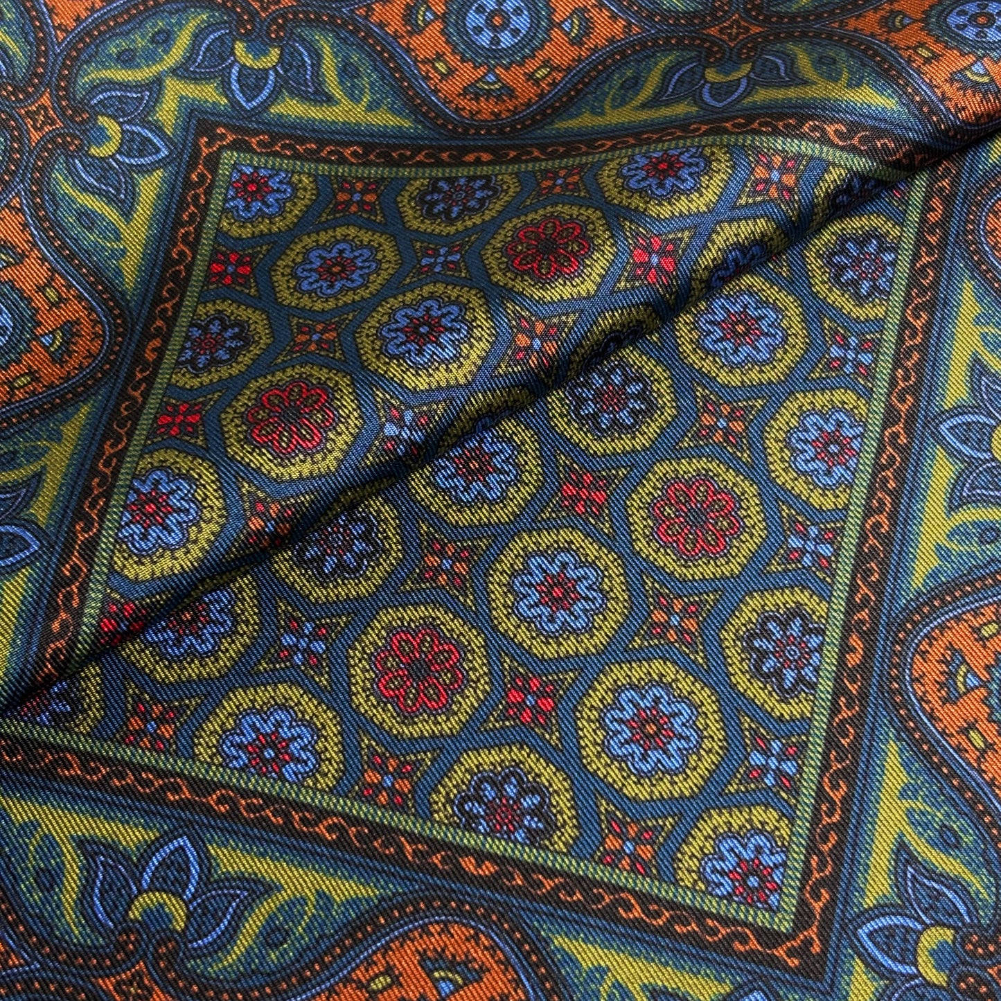 Olive Green & Navy Blue Geometric Ancient Madder Silk Pocket Square