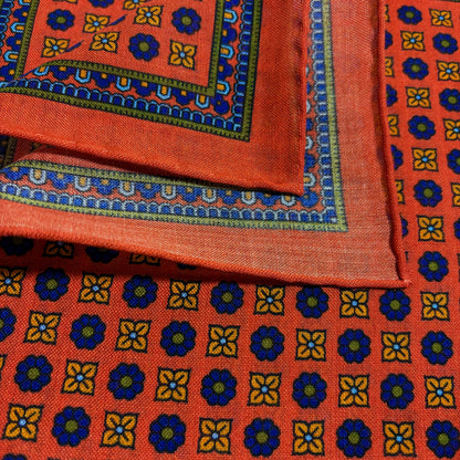 Orange - Floral - Wool/Silk Pocket Square