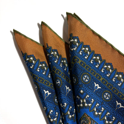 Honey Orange & Blue Paisley Silk Pocket Square