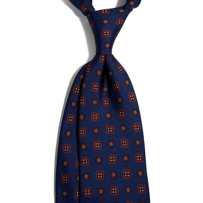 Seven Fold Navy Blue & Red Geometric Printed Silk Tie