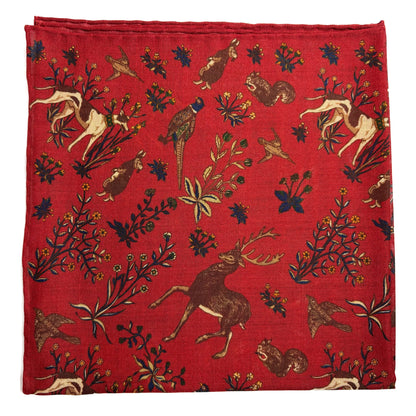 Terra - Floral Animal Motif - Red - Wool/Silk Pocket Square