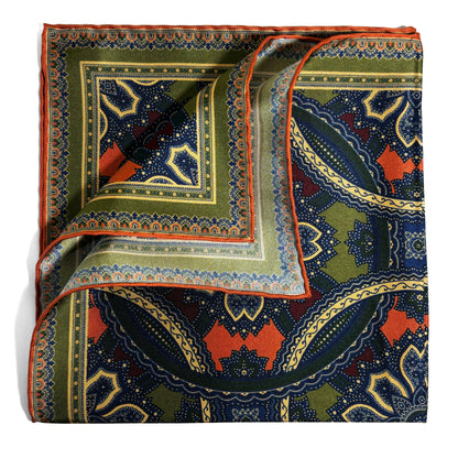 Olive Green & Orange Large Medallion Silk Pocket Square
