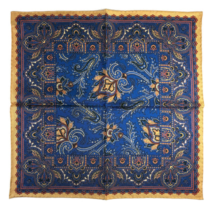 Egyptian Blue & Cream Floral Motif Ancient Madder Silk Pocket Square
