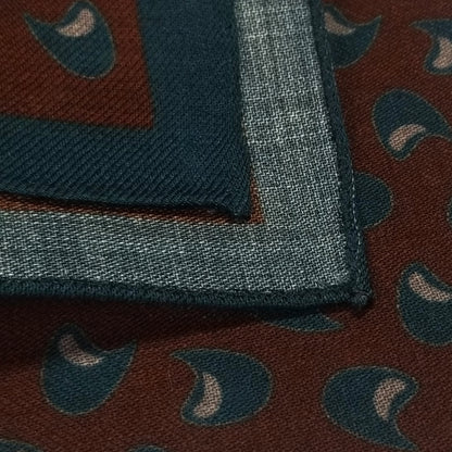 12" Brown / Blue Geometric Wool Challis Pocket Square