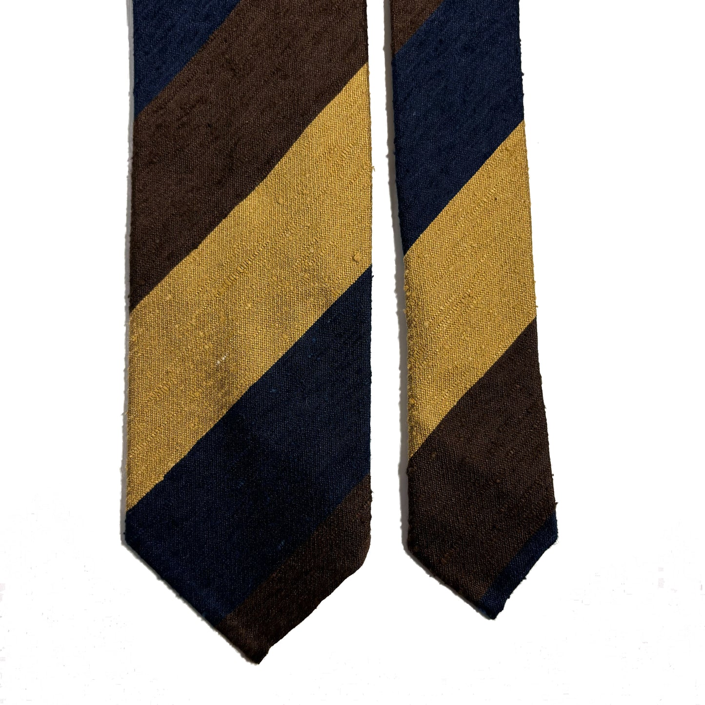 Untipped Navy Blue / Gold / Brown Block Stripe Silk Shantung Tie